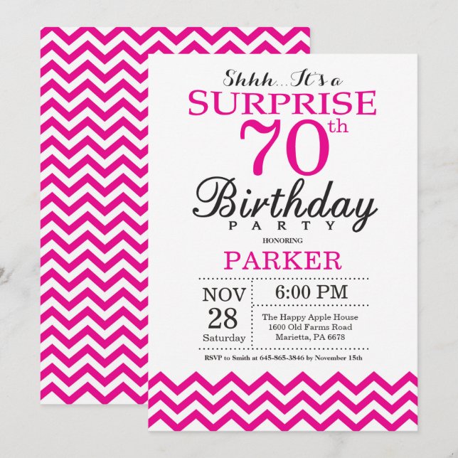 Überraschung 70. Geburtstag Einladung Hot Pink Zic (Vorne/Hinten)