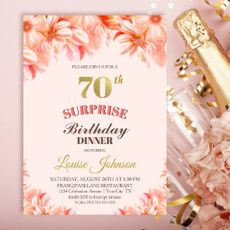 Überraschung 70. Geburtstag Pink Gold Floral Abend Einladung