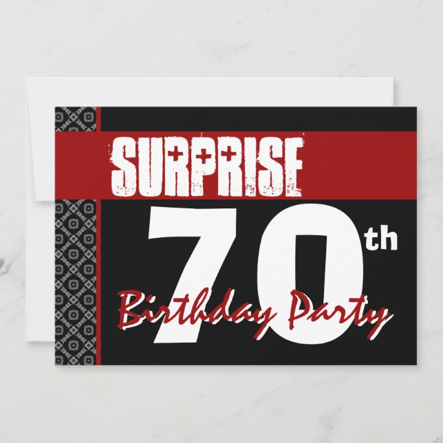Überraschung 70. Geburtstag Rot und Schwarz V05 Einladung (Vorderseite)