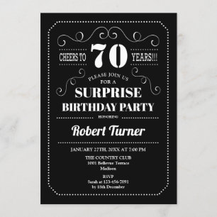 Überraschung 70. Geburtstag - Schwarz-weiß Einladung