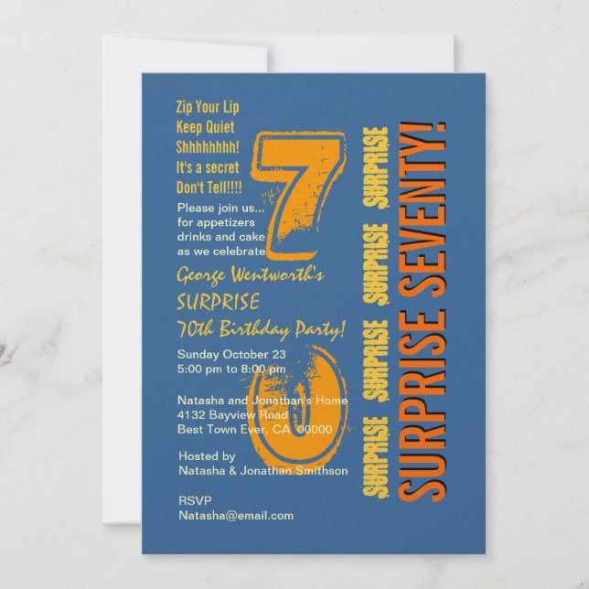 ÜBERRASCHUNG 70. Modern Birthday Blue Gold Yellow Einladung (Vorderseite)