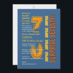 ÜBERRASCHUNG 70. Modern Birthday Blue Gold Yellow Einladung<br><div class="desc">Dieses moderne Design in Blau, Gold, Orange und Gelb ist eine elegante und trendige Art, Ihre Gäste zu einer SURPRISE 70. Geburtstagsparty einzuladen. Alle Texte sind vollkommen anpassbar. Sie können die Hintergrundfarbe oder die Textfarbe für ein anderes Aussehen ändern. Ich empfehle Ihnen das hochglänzende metallische Papier, das Ihren Einladungen einen...</div>
