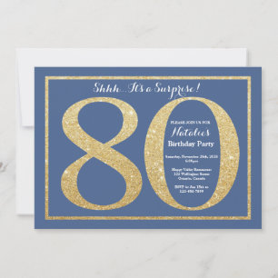Überraschung 80. Geburtstag Blau und Gold Glitter Einladung