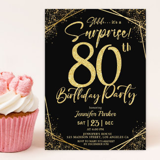 Überraschung 80. Geburtstagsparty Black & Gold Gli Einladung