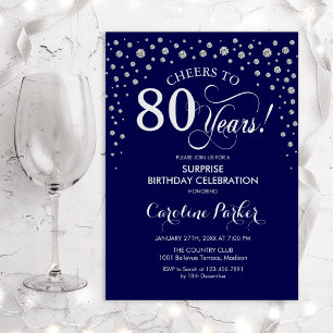 Überraschung 80. Geburtstagsparty - Navy Blue Silv Einladung
