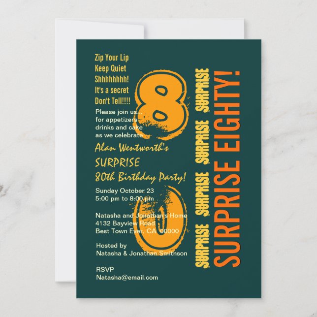 ÜBERRASCHUNG 80. Modern Birthday Green Gold W088 Einladung (Vorderseite)