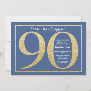 Überraschung 90. Geburtstag Blau und Gold Glitter Einladung