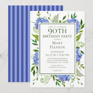 Überraschung 90. Geburtstag Blaue Hortensien Einladung