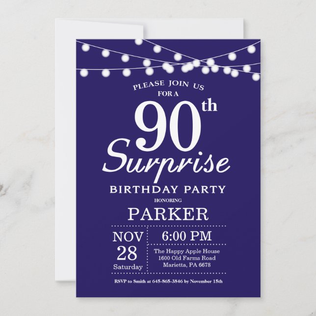 Überraschung 90. Geburtstag Einladung Navy Blue (Vorderseite)