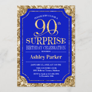 Überraschung 90. Geburtstagsparty - Gold Royal Blu Einladung