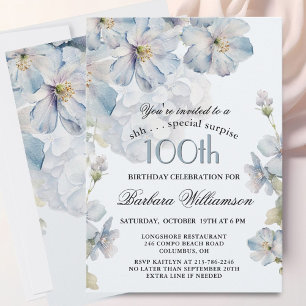 ÜBERRASCHUNG Elegante blaue Blumen zum 100. Geburt Einladung