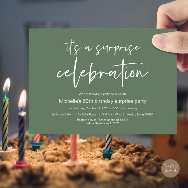Überraschung Geburtstagsfeier Einladung (Surprise Birthday Party Celebration Invitation Card, PDF, in Forest Sage Green)