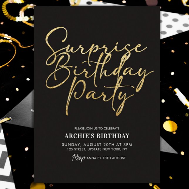 Überraschung Geburtstagsparty Elegantes Schwarzes  Einladung (it's a surprise invitation template gold glitter black and gold modern )