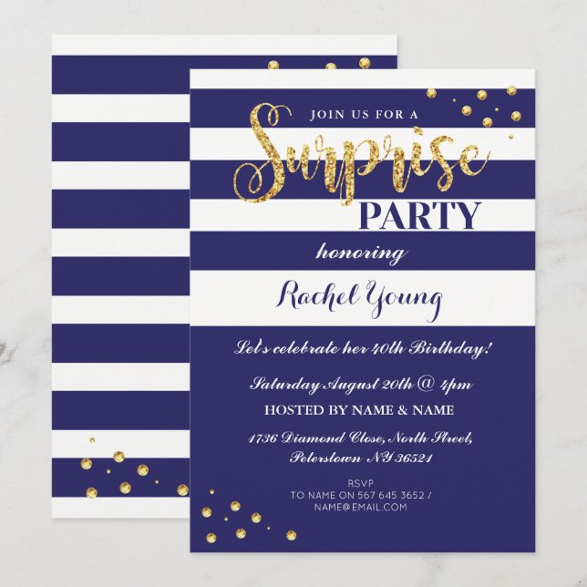 Überraschung Gold Glitzer Birthday Navy Strip Einl Einladung (Vorne/Hinten)