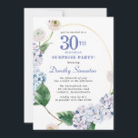 Überraschung Party Hydrangea Rose 30. Geburtstag Einladung<br><div class="desc">Blaue Hydrangea-Blume und Blüten der Rose schmücken einen goldgelben ovalen Rahmen. Eine offene und luftige moderne botanische.</div>