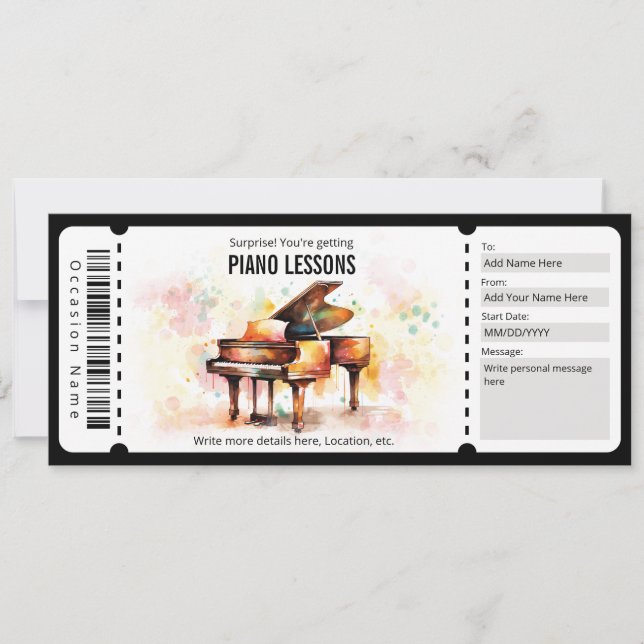 Überraschung Piano Lektionen Geschenkgutschein Einladung (Vorderseite)
