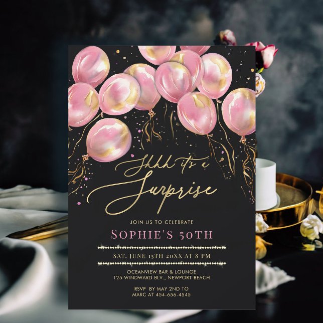 Überraschung Pink Balloons Gold Black 50. Geburtst Einladung (50th birthday invitations for women surprise party balloons arch pink gold black calligraphy modern )