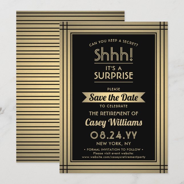 Überraschung Rente Party Shhh! Elegantes Schwarzes Save The Date (Vorne/Hinten)