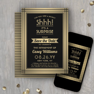 Überraschung Rente Party Shhh! Elegantes Schwarzes Save The Date
