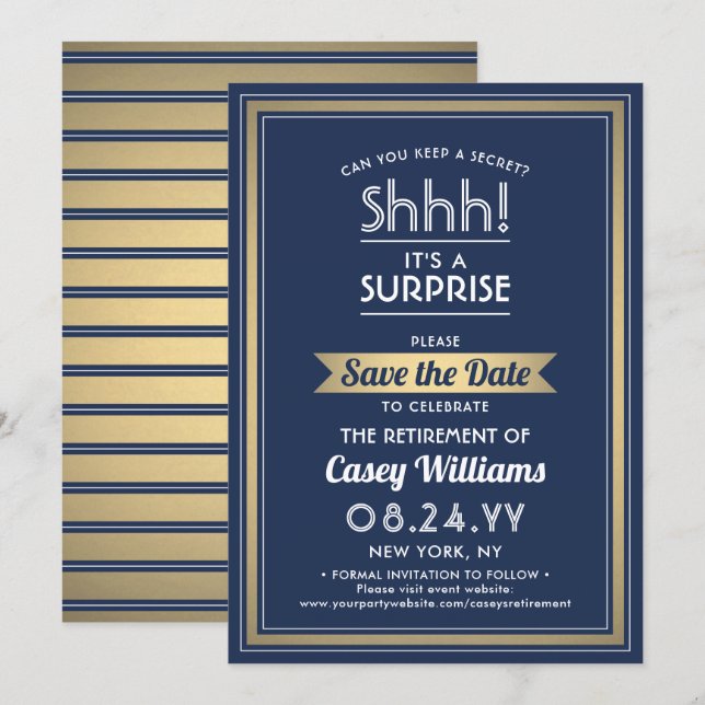 Überraschung Rente Party Shhh! Navy Blue & Gold Save The Date (Vorne/Hinten)