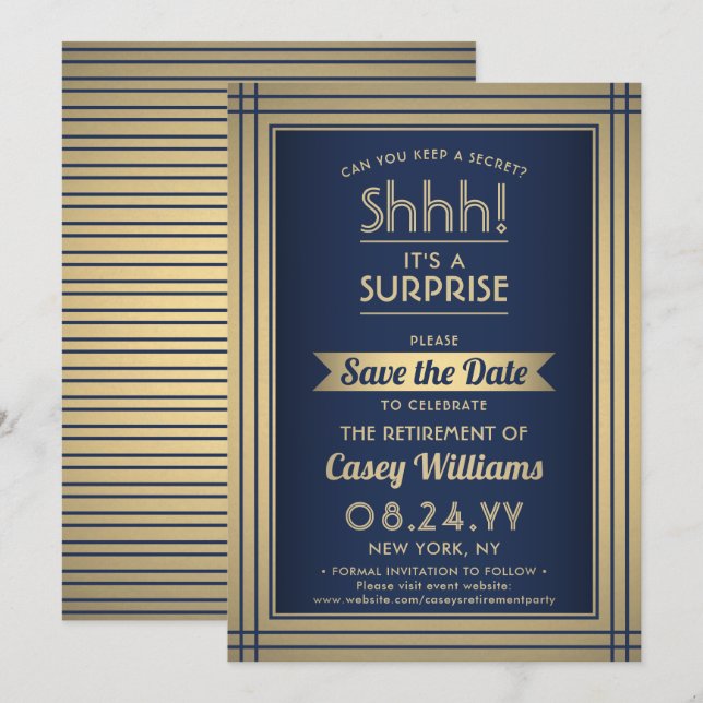 Überraschung Rente Party Shhh! Navy Blue & Gold Save The Date (Vorne/Hinten)
