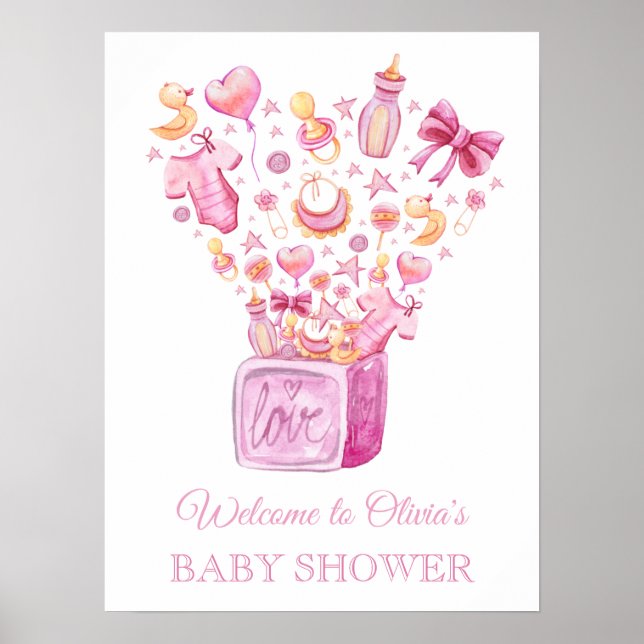 Überraschungsbox Pink Girl Baby Dusche Willkommens Poster (Vorne)
