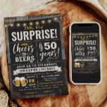 Überraschungsjubeln und Biere 50. Geburtstagsfeier Einladung<br><div class="desc">Überraschung Gefallen und Bier 50. Geburtstag Einladung mit Kreidebrett und Schrift mit individuellem Alter.</div>