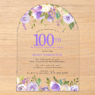 ÜBERRASCHUNGSPARTY 100. Geburtstag Lila Blumen Kla Acryleinladungen
