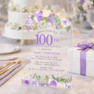 ÜBERRASCHUNGSPARTY 100. Geburtstag Lila Blumen Kla Acryleinladungen