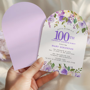 ÜBERRASCHUNGSPARTY 100. Geburtstag Lila Blumenboge Einladung