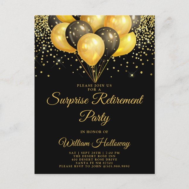Überraschungsruhestand Party Gold Black Balloons Postkarte (Vorderseite)
