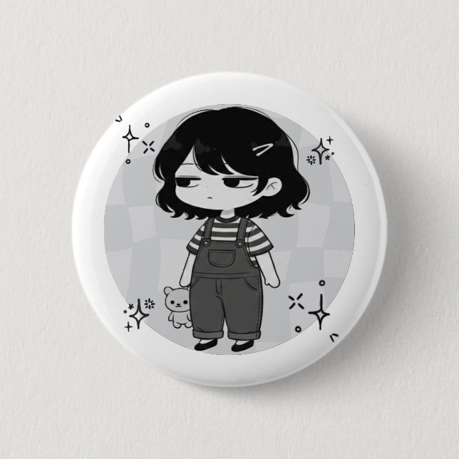 Überreizte ästhetische Chibi-Mädchen-Illustration Button (Vorderseite)
