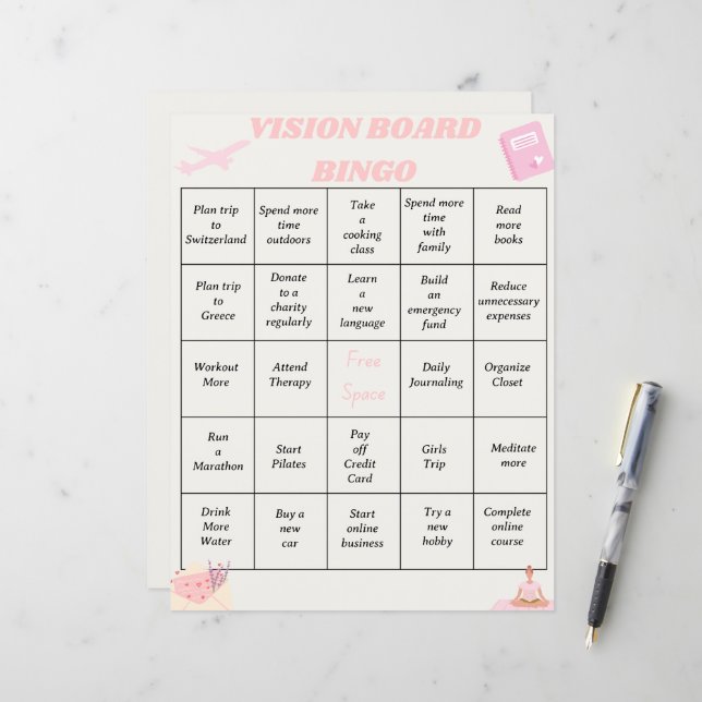 Übersicht über Bingo-Ziele (Vorderseite/Rückseite Beispiel)