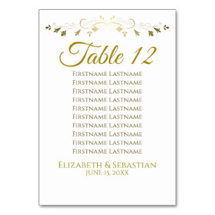 Übersicht über die Hochzeitssitze in Gold und Weiß Tischnummer