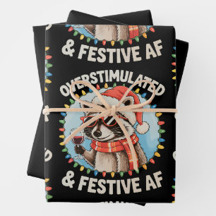 Überstimulierte und festliche Af Feral Raccoon Xma Geschenkpapier Set