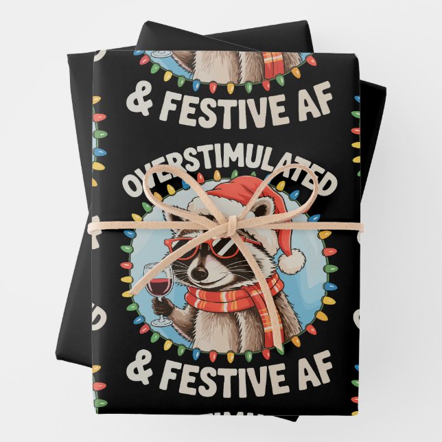 Überstimulierte und festliche Af Feral Raccoon Xma Geschenkpapier Set (Beispiel)