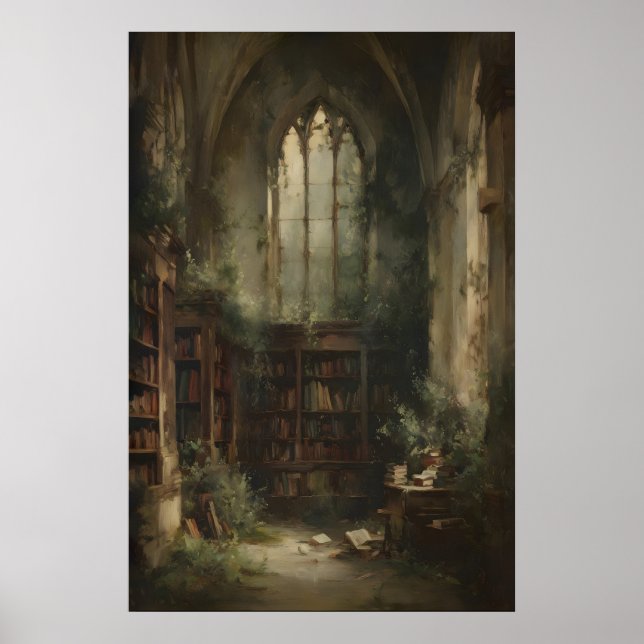 Überwachsene Bibliotheksruine mit Büchern und Efeu Poster (Vorne)