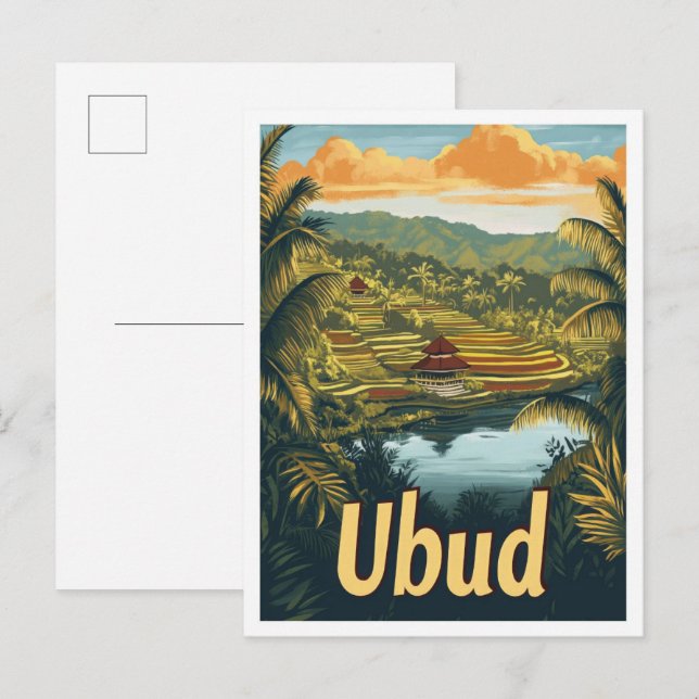 Ubud Bali Indonesia Vintage Travel Illustration Postkarte (Vorne/Hinten)