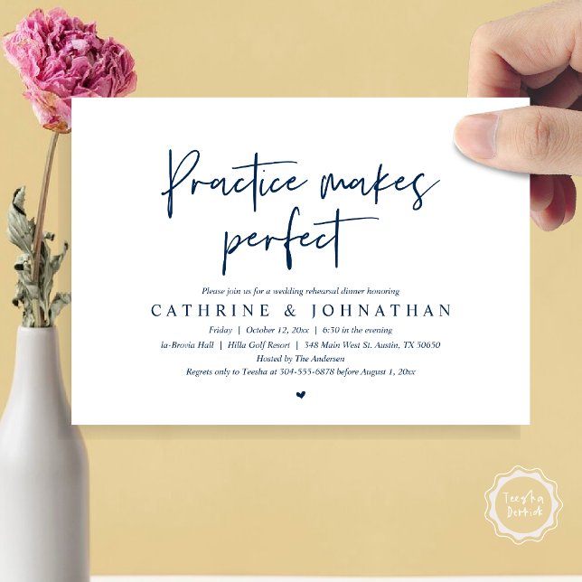 Übung macht perfekt, Hochzeit Probe Abendessen I Einladung (Practice Makes Perfect, Wedding Rehearsal Dinner Invitation Card, PDF, Modern Casual, Navy Blue)