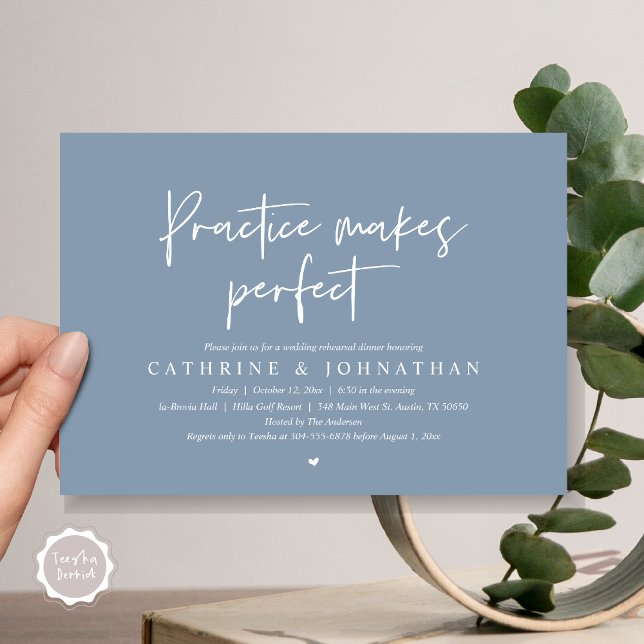 Übung macht perfekt, Hochzeit Probe Dinner Einladung (Practice Makes Perfect, Wedding Rehearsal Dinner Invitation Card, PDF, Modern Casual, Dusty Blue)