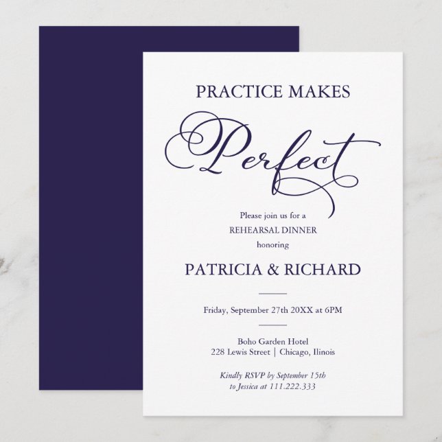 Übung macht perfekte Probe Dinner Einladung (Vorne/Hinten)