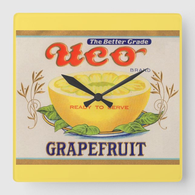 Uco-Markenzeichen Grapefruit-Zeichen der 30er Jahr Quadratische Wanduhr (Vorderseite)