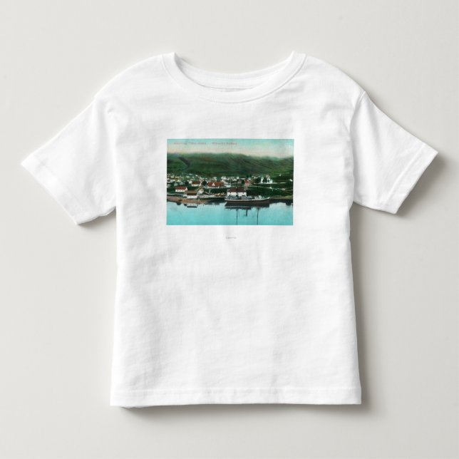 Ufergegend-Ansicht der Stadt und des Dampfers Kleinkind T-shirt (Vorderseite)