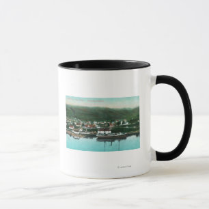 Ufergegend-Ansicht der Stadt und des Dampfers Tasse