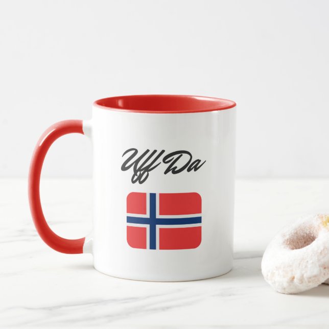 Uff Da norwegische Flagge Tasse (Mit Donut)