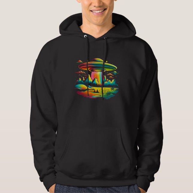 UFO Alien Retro Bright Mountain Lake Camping Visit Hoodie (Vorderseite)