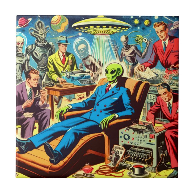 Ufo Alien Sci-fi Retro Comic Fliese (Vorderseite)