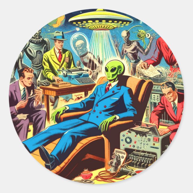 Ufo Alien Sci-fi Retro Comic Runder Aufkleber (Vorderseite)