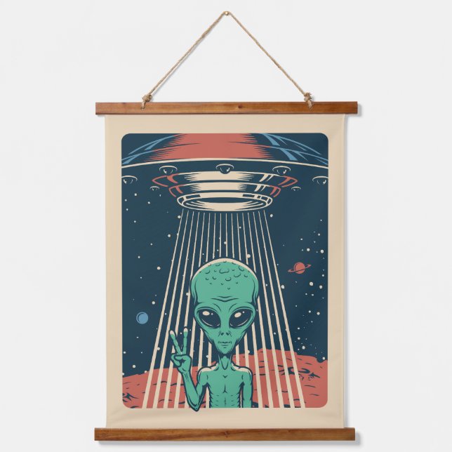 UFO-Alien Wandteppich Mit Holzrahmen (Vorderseite)