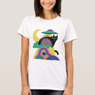 UFO Black Cat Mond Kunst T-Shirt